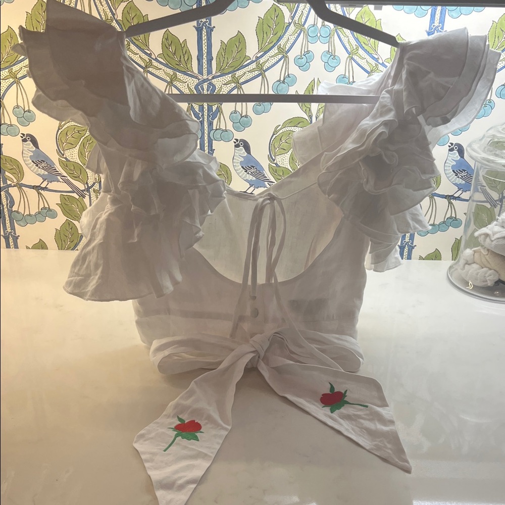 White Ruffled Blouse with Embroidered Roses by Fanm Mon